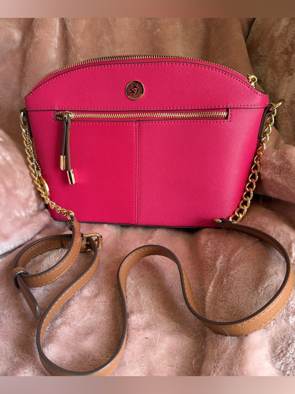 Anne Klein Hot Pink Crossbody Bag with Gold Chain Accent